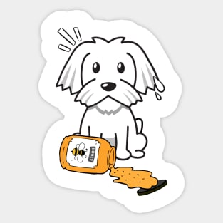 Cute white dog spilled a jar of honey Sticker